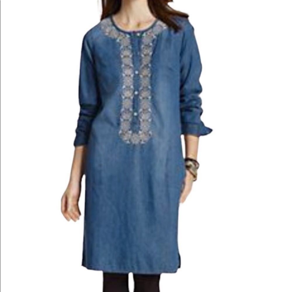 J Jill Womens Rodeo Denim Dress Cotton Shirtdress Embroidery Floral Jean XSP